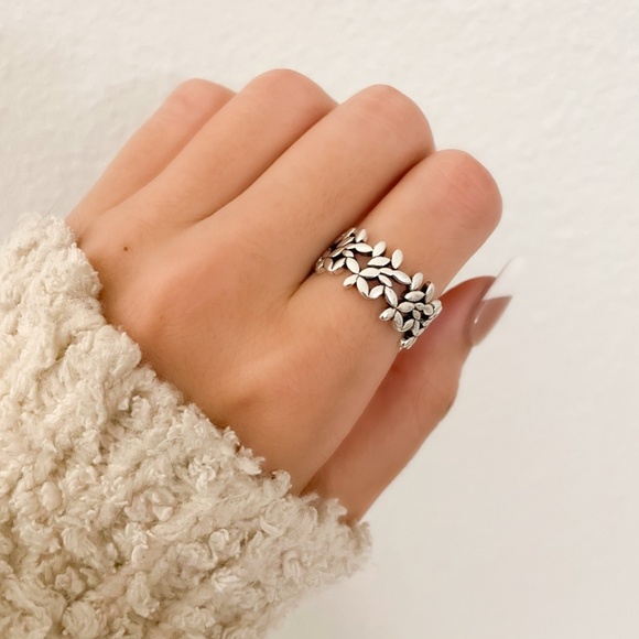 925 Sterling Silver Flower Ring Geometric Ring Leaf Ring Silver Chunky Ring - Picture 2 of 10